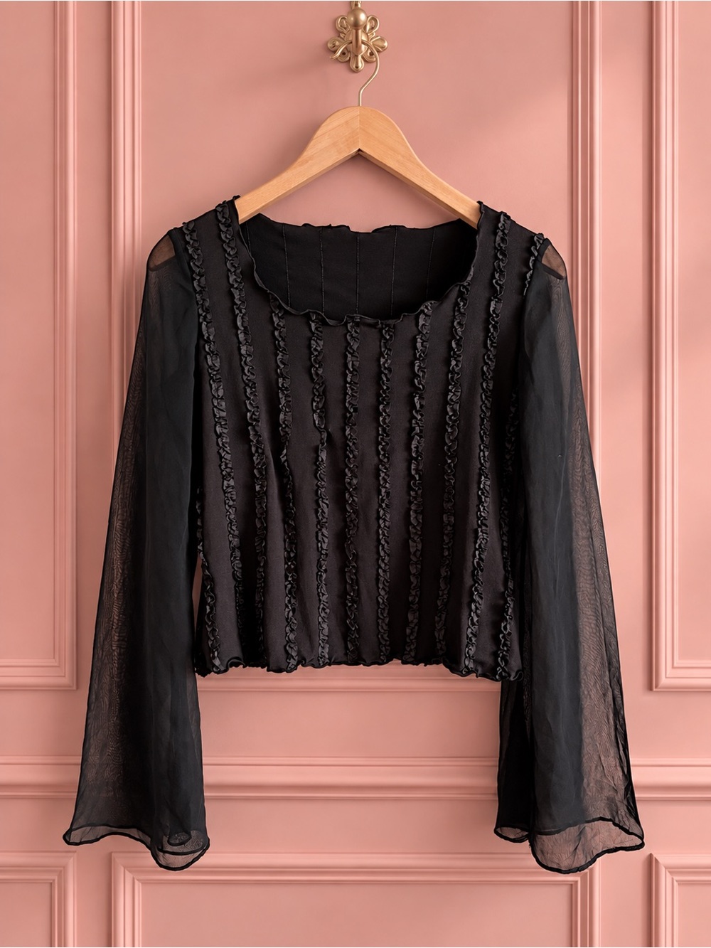 Y2K Terra Nostra Black Sheer Bell Sleeve Ruffle-Trim Top